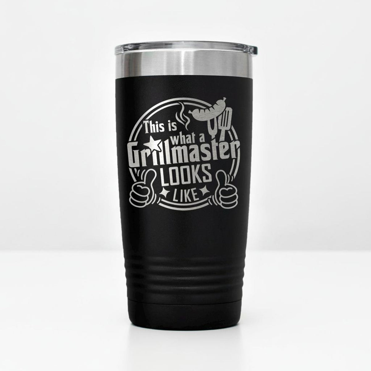 Black insulated stainless steel tumbler with Grillmaster logo and clear lid