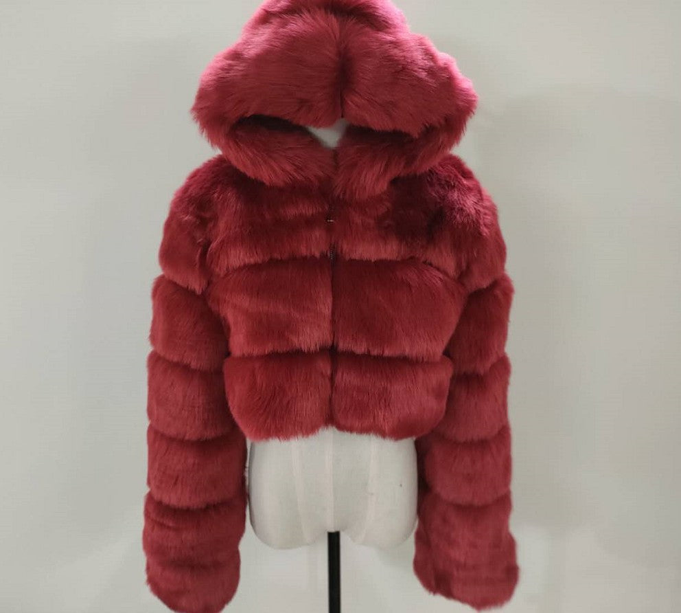 Short Hooded Faux Fur Long Sleeve Coat