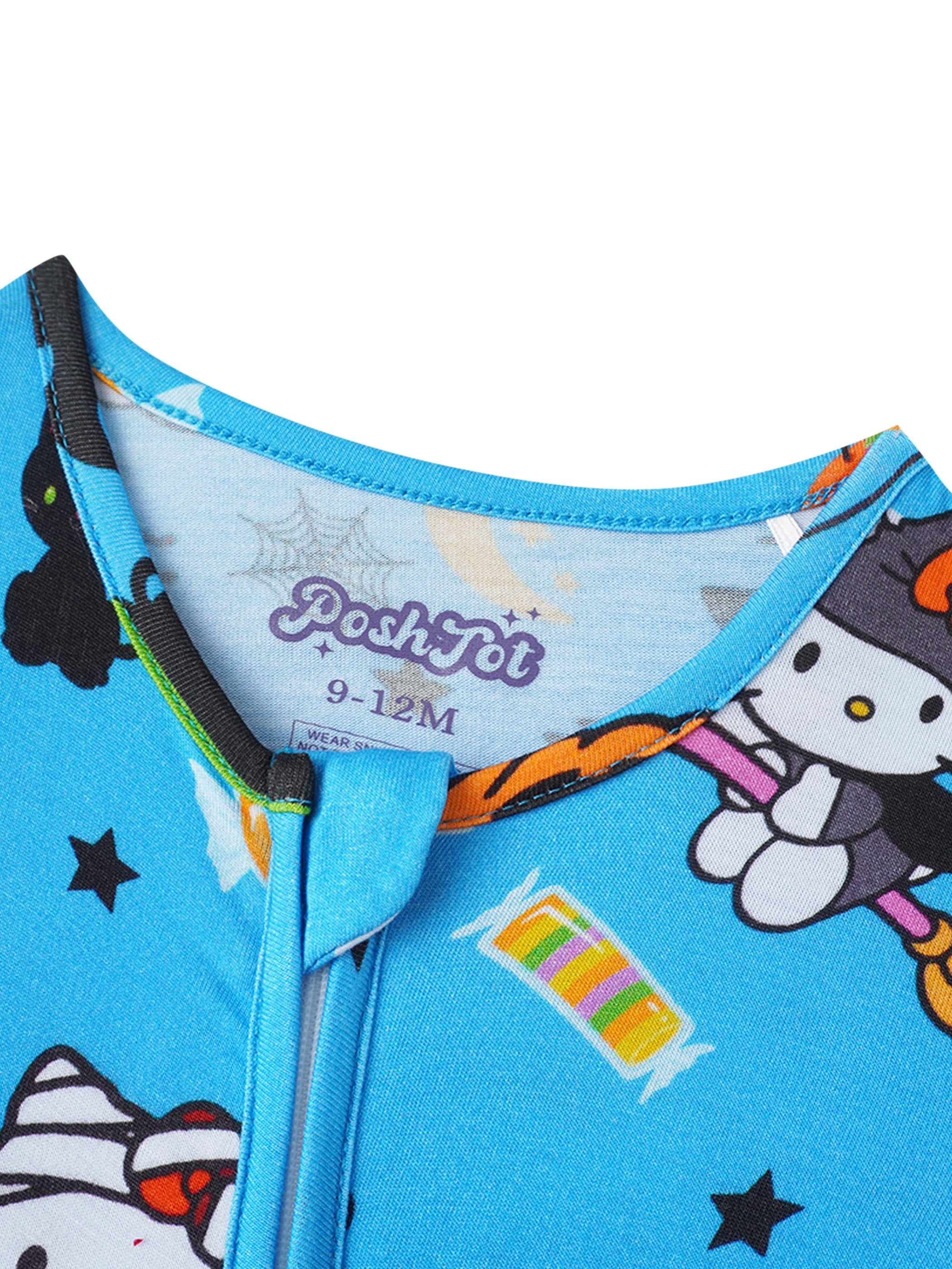 Blue baby romper neckline with PoshTOT tag and Hello Kitty fabric pattern