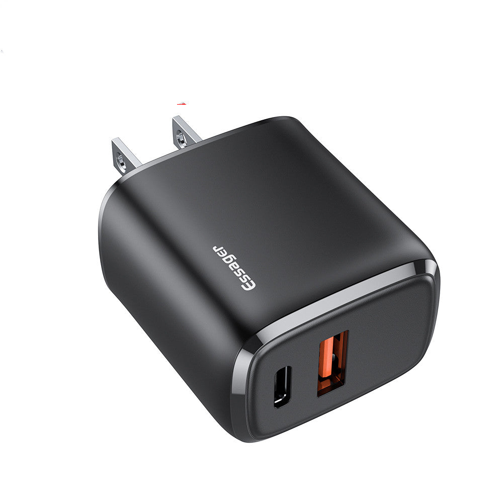 Black dual-port phone charger adapter with USB-C and USB-A outlets