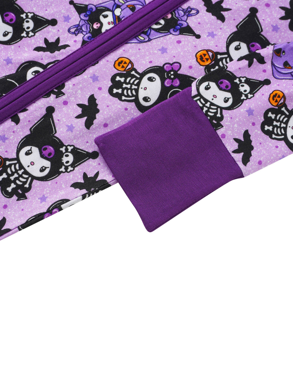 Purple baby romper side with zipper and pocket detail, cartoon cats print