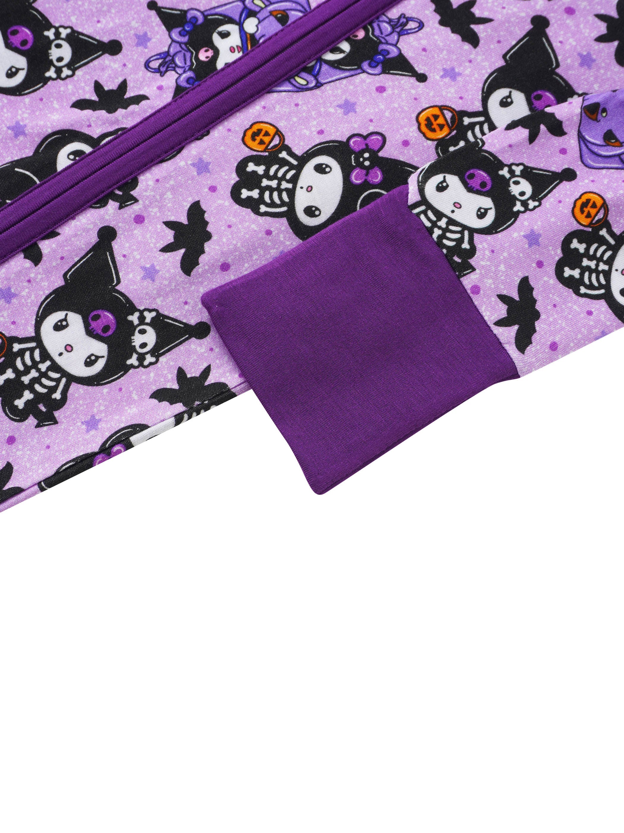 Purple baby romper side with zipper and pocket detail, cartoon cats print