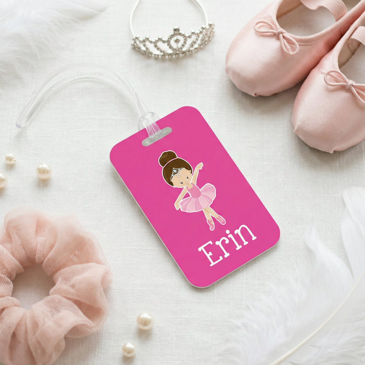 Pink ballet bag tag with ballerina graphic and name Erin, top loop attachment