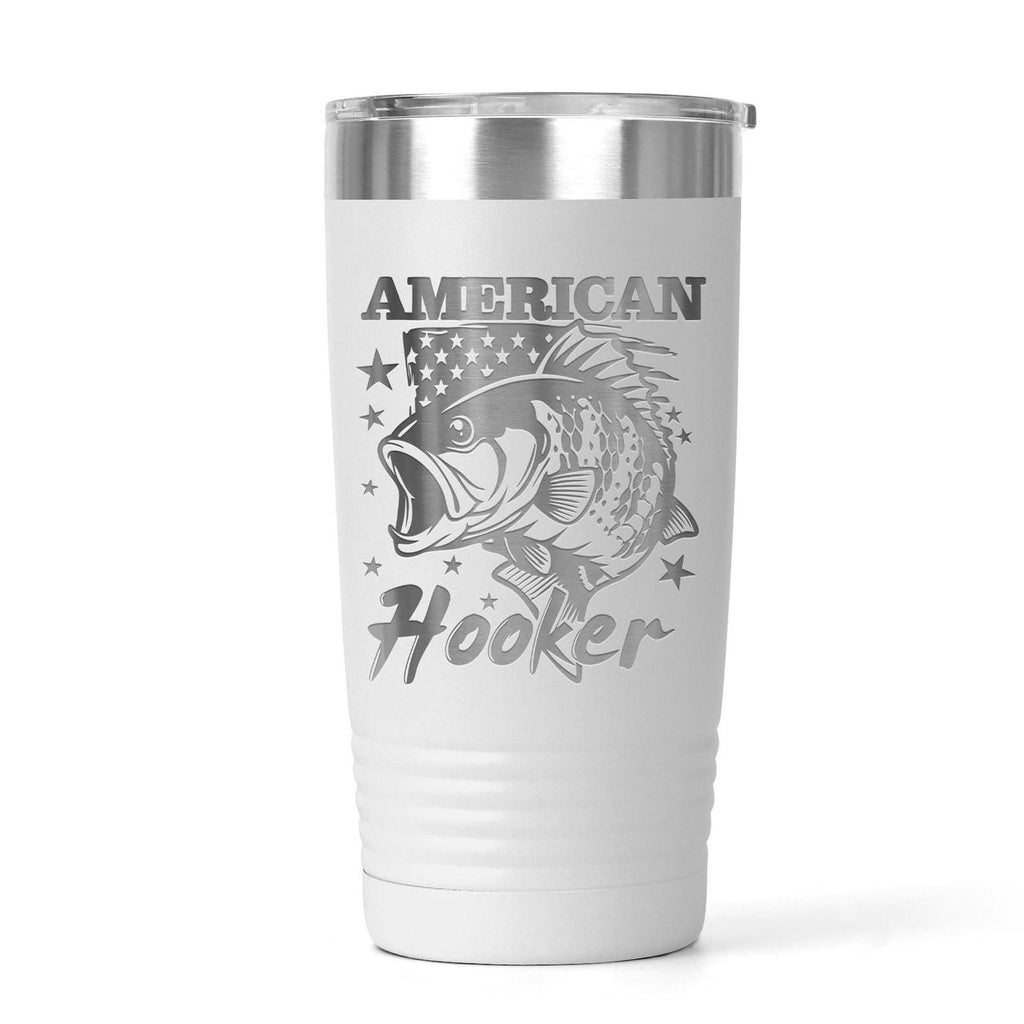 Insulated stainless steel tumbler with spill-resistant lid, white with American Hooker fish design