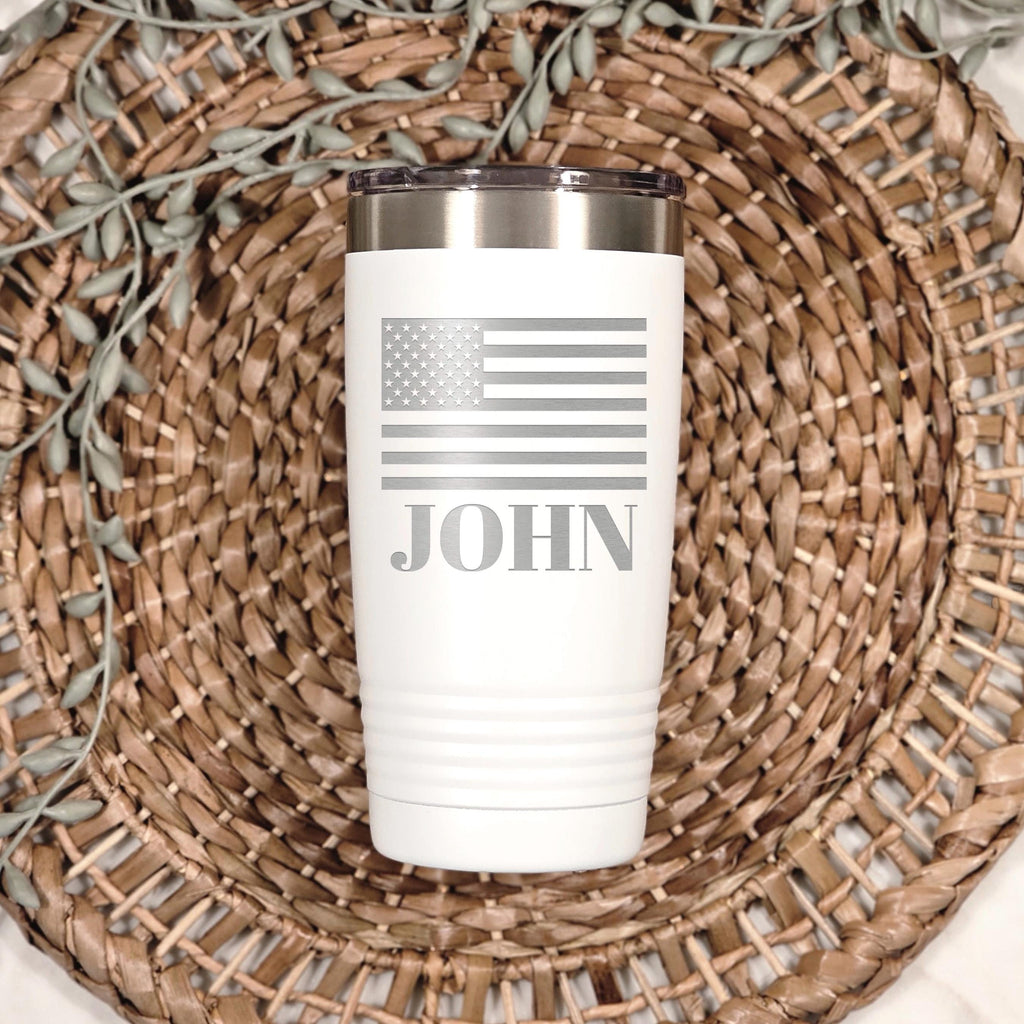 White insulated tumbler with patriotic flag and 'JOHN' name, stainless rim