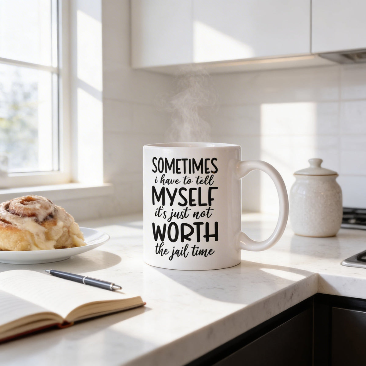 White ceramic coffee mug with “SOMETIMES…MYSELF…WORTH” quote