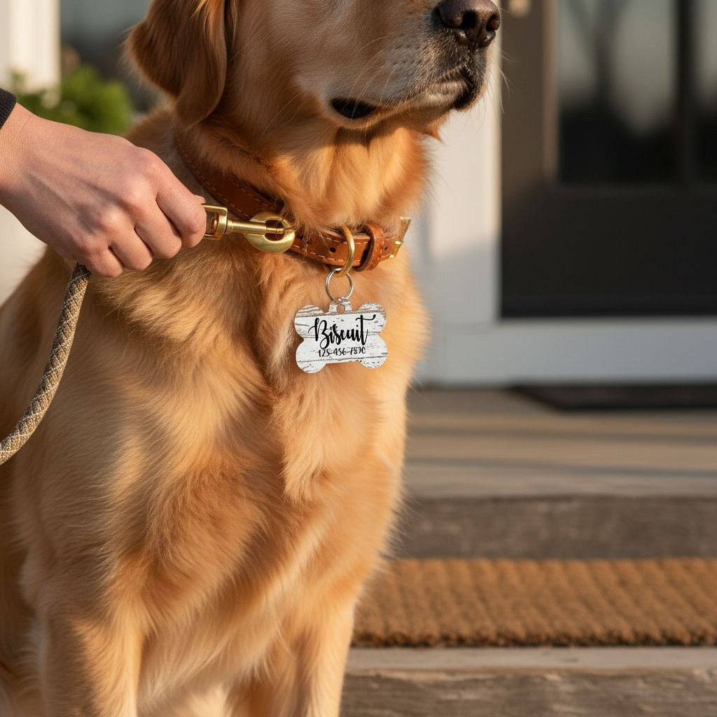 Dog wearing a brown collar with a wood-pattern pet ID tag engraved Bisquit