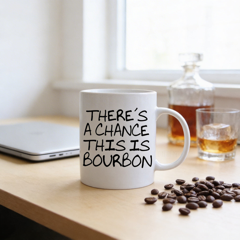 White coffee mug with black "THERE'S A CHANCE THIS IS BOURBON" text