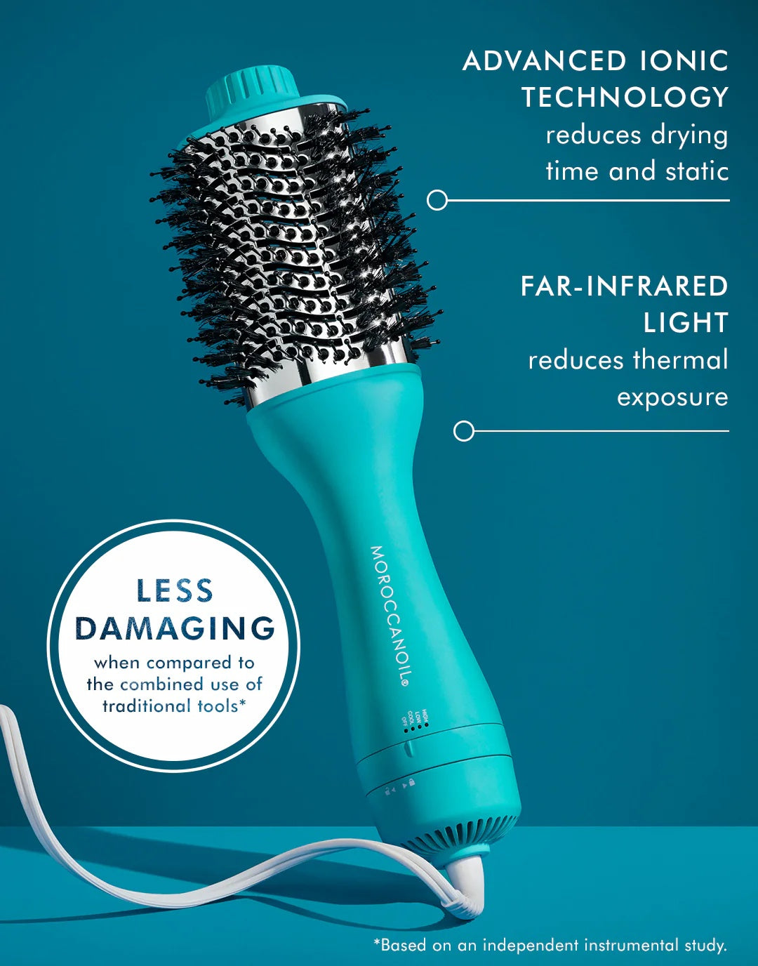 Moroccanoil teal hot-air brush with round bristles and cord, close-up