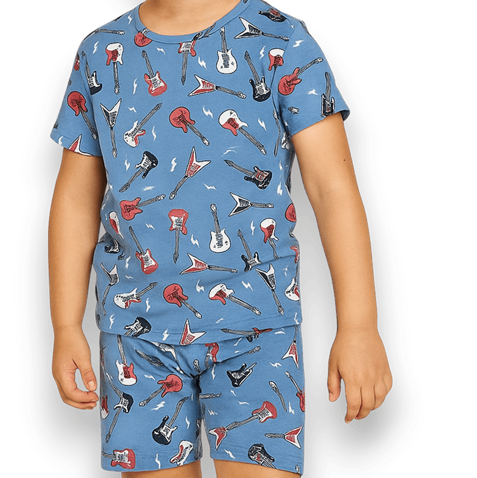 Boys blue guitar-print pajama T-shirt and shorts set, crew neck, short sleeves