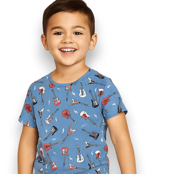 Boys blue guitar-print pajama T-shirt with crew neck and short sleeves