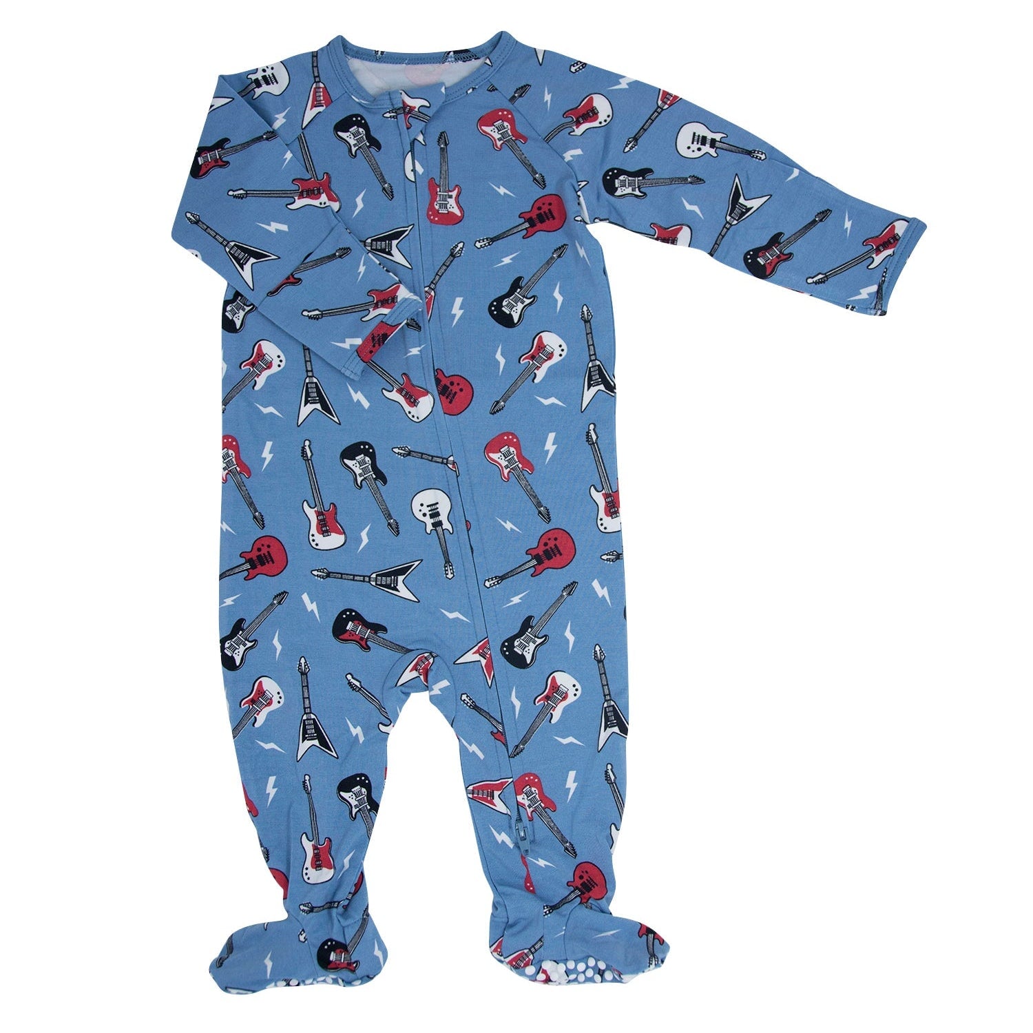 Blue electric guitar print footie with long sleeves and front zipper for boys