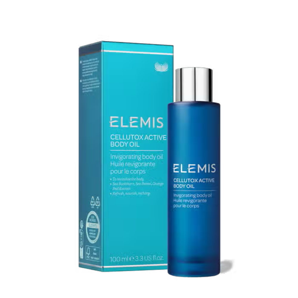 Elemis Cellutox Active Body Oil bottle and teal carton, 100 ml