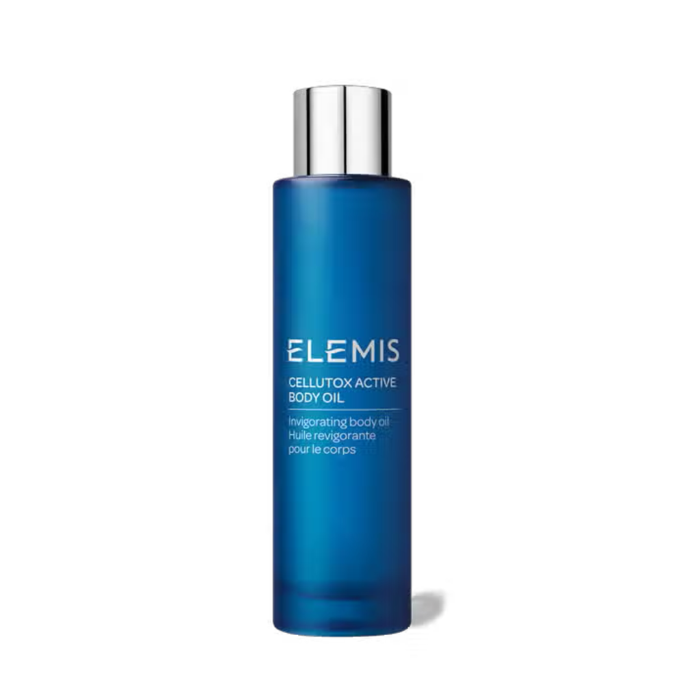 Elemis Cellutox Active Body Oil pump bottle, blue with silver cap