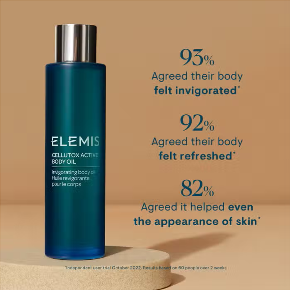 Elemis Cellutox Active Body Oil bottle, dark teal glass and silver cap