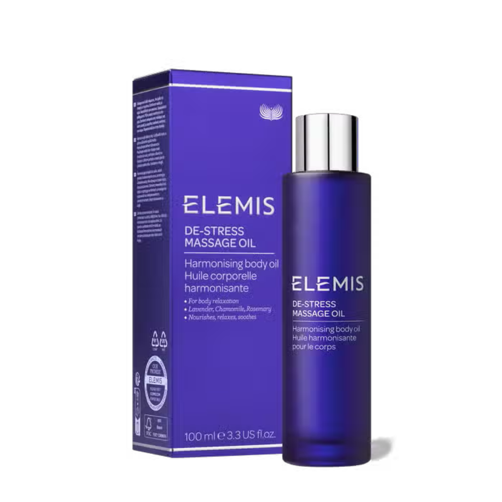 Elemis de-stress massage oil set: purple bottle with silver cap and purple box, 100 ml