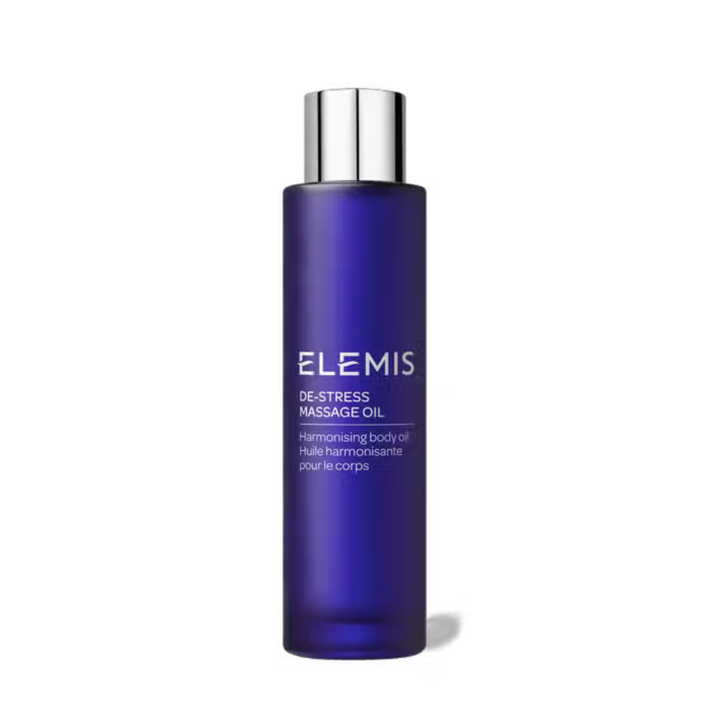 Elemis de-stress massage oil bottle, purple bottle with silver cap