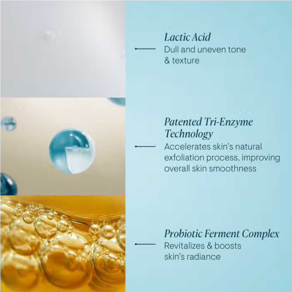 Ingredient infographic listing lactic acid, tri-enzyme technology, and probiotic complex