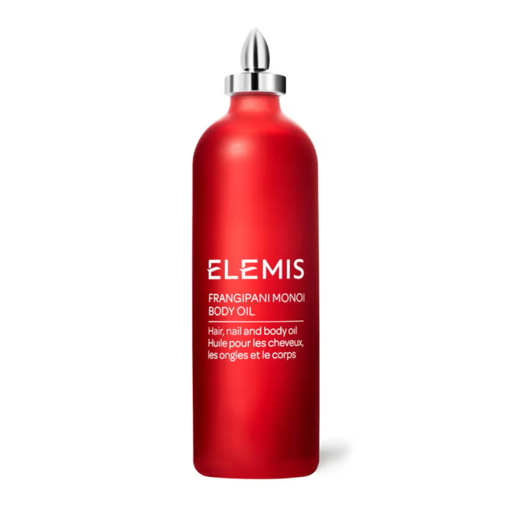 Elemis Frangipani Monoi body oil bottle, red, with silver pump cap