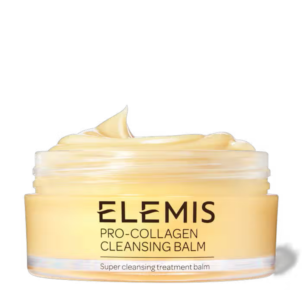 Elemis Pro-Collagen cleansing balm jar with golden balm, silver lid