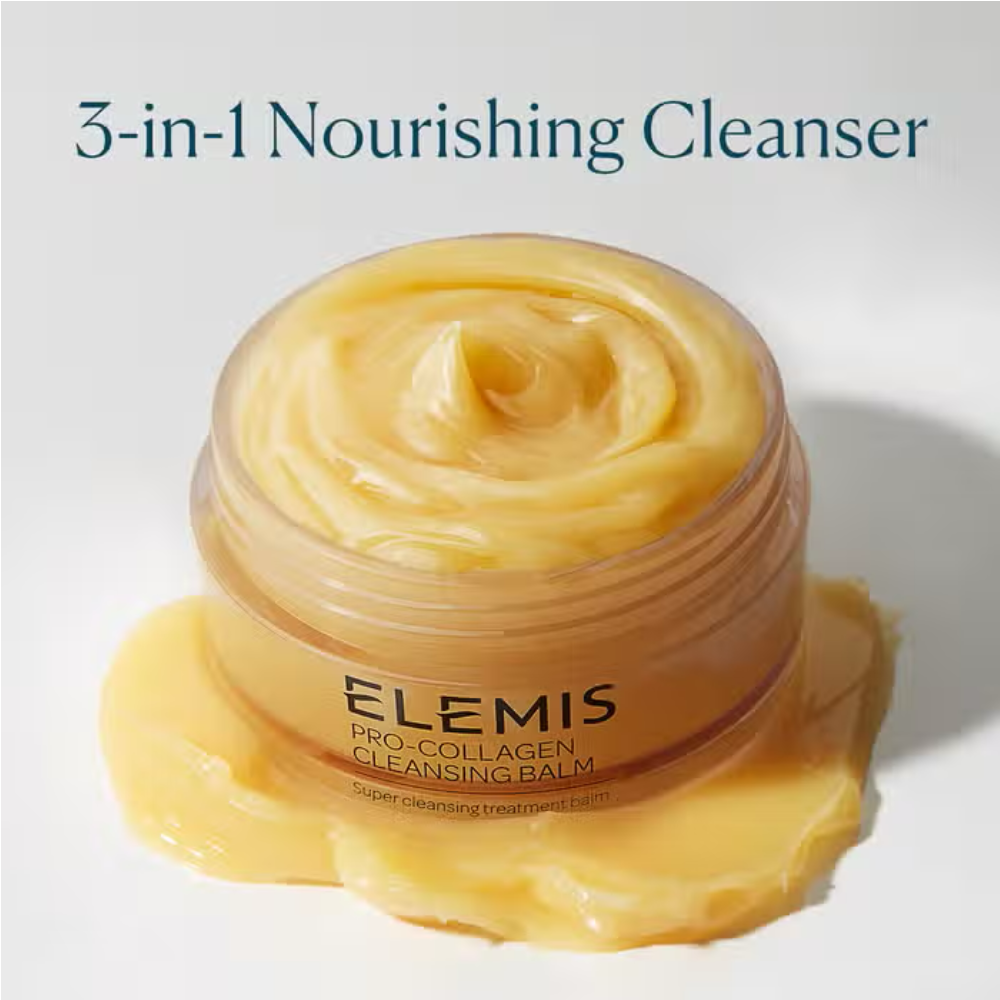 Elemis Pro-Collagen cleansing balm jar with creamy golden balm swirl