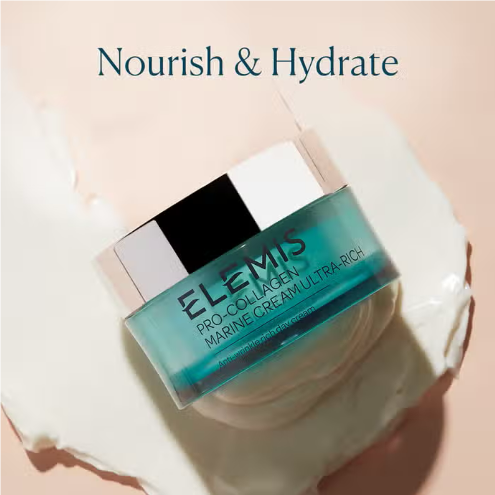 Ultra-rich face cream jar with teal front label and silver lid