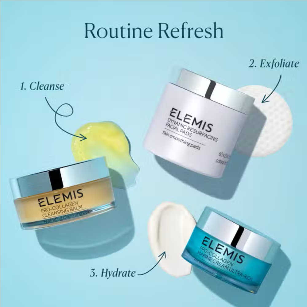 Routine graphic for marine cream: cleanse, exfoliate, hydrate steps with jar images