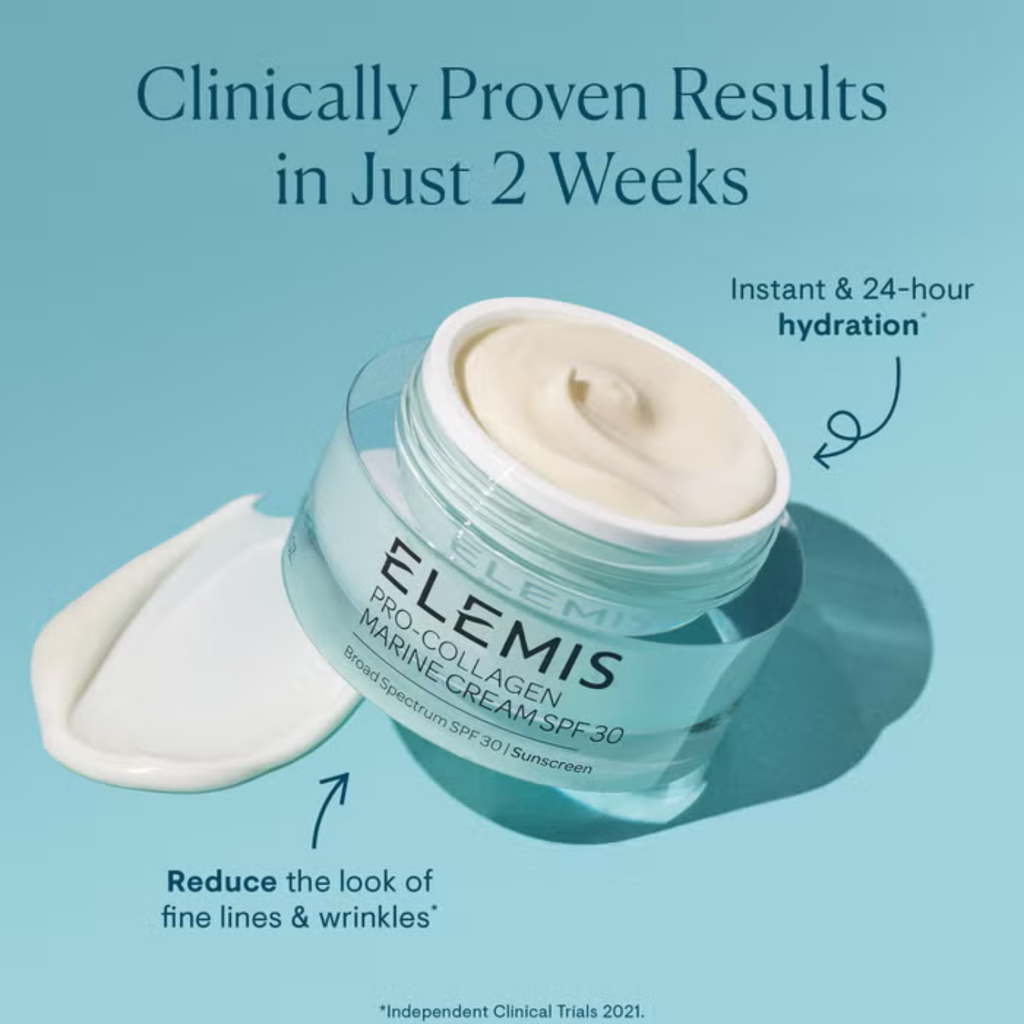 Open Elemis Pro-Collagen Marine Cream SPF 30 jar with off-white cream swirl