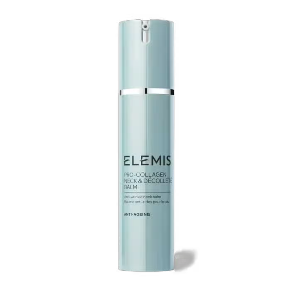 Elemis neck balm bottle, light blue with silver cap, 50 ml