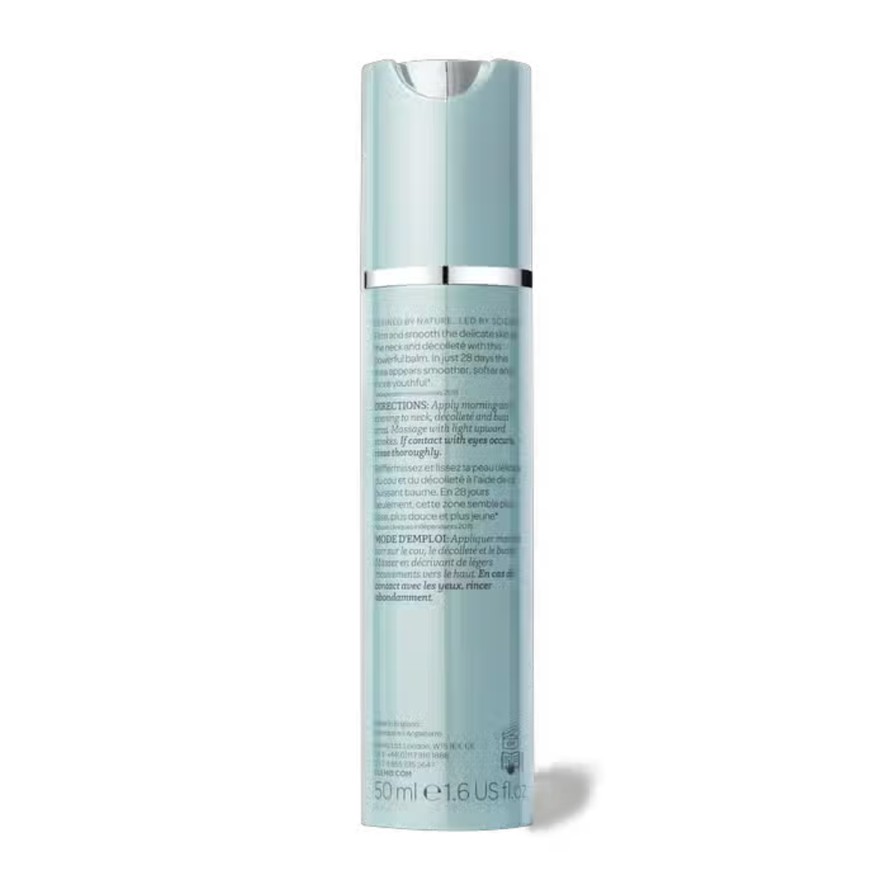 Elemis balm bottle back label, light blue, silver cap, 50 ml