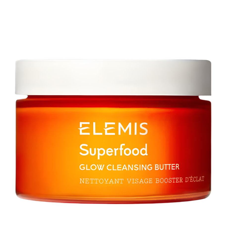Orange glass jar labeled Superfood Glow Cleansing Butter