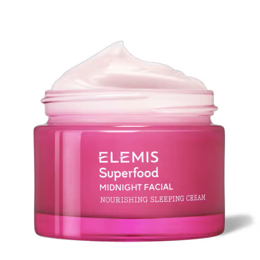 Elemis Superfood Midnight Facial cream jar with pink gel-cream and white lid