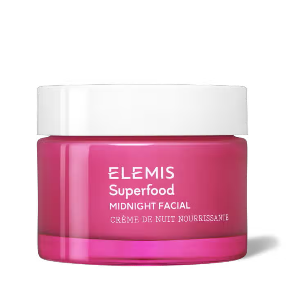Elemis Superfood Midnight Facial cream jar, pink cream with white lid