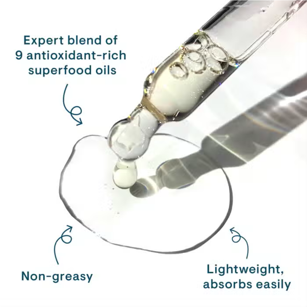 Facial oil bottle and dropper dispensing clear oil onto smooth gel swirls