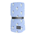 Blue big kid cloud blanket with bird print and Sweet Bamboo fabric label