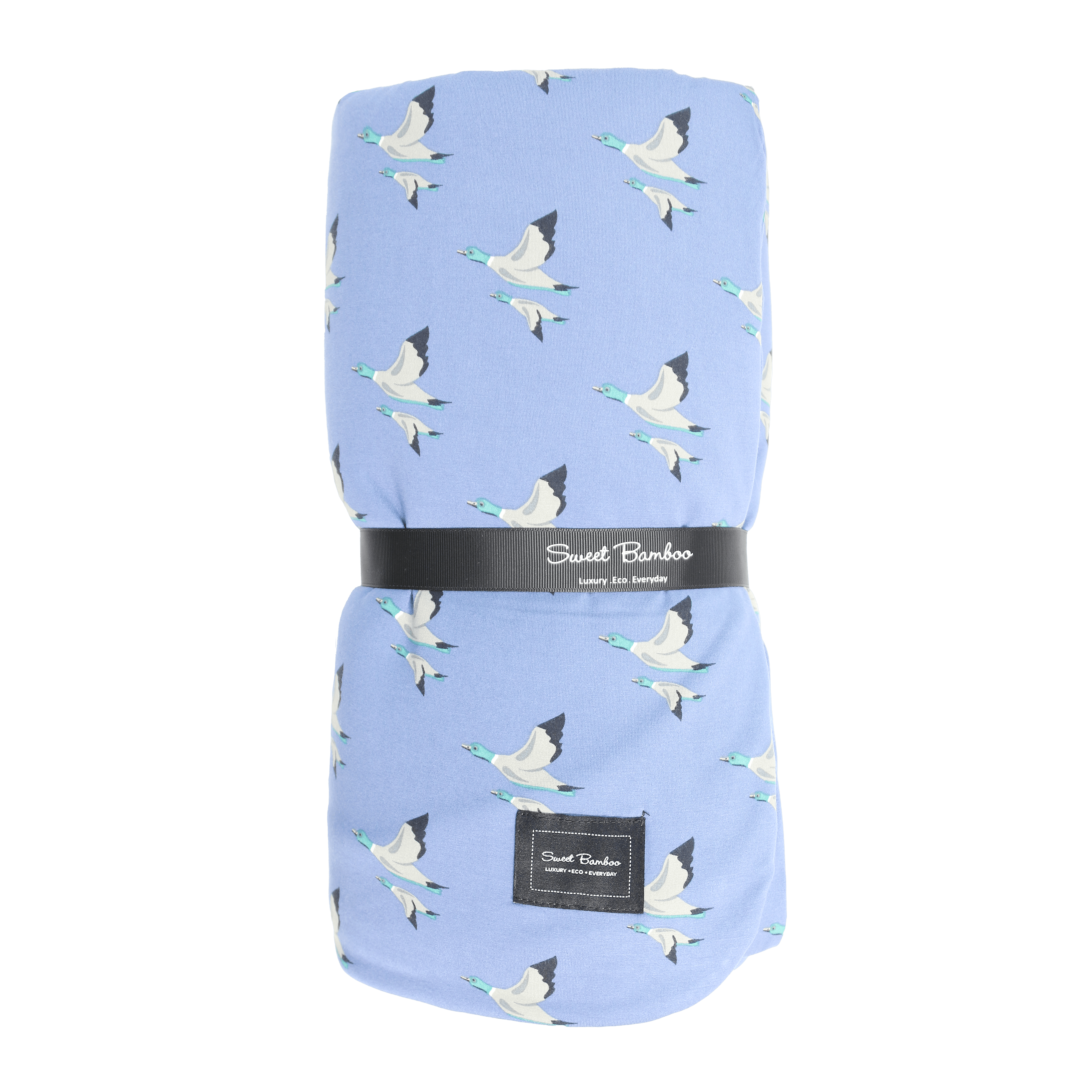 Blue big kid cloud blanket with bird print and Sweet Bamboo fabric label