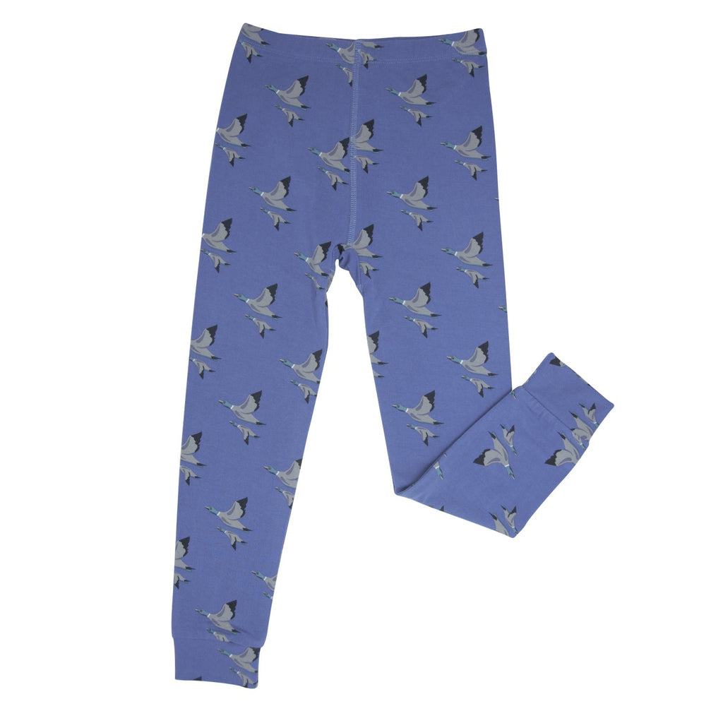 Blue bird-print pajama pants for kids with ribbed ankle cuffs