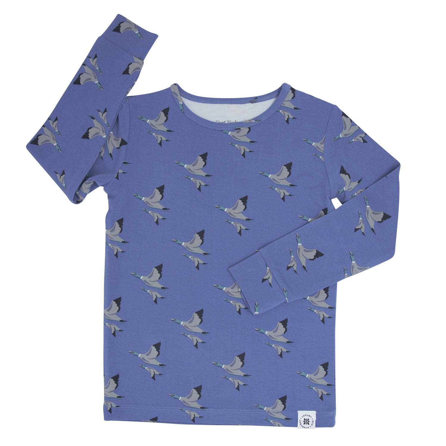 Blue bird-print long-sleeve pajama top for kids with crew neck