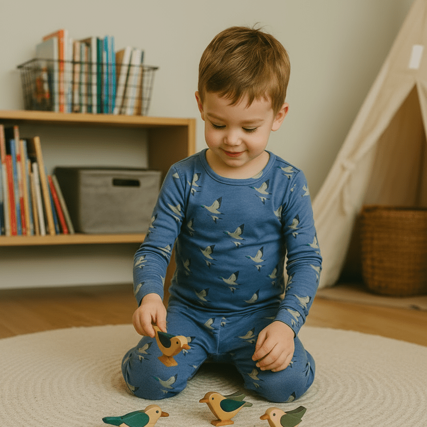 Kids pajama set, blue bird-print long-sleeve top and matching pants