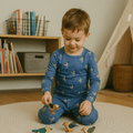 Kids pajama set, blue bird-print long-sleeve top and matching pants