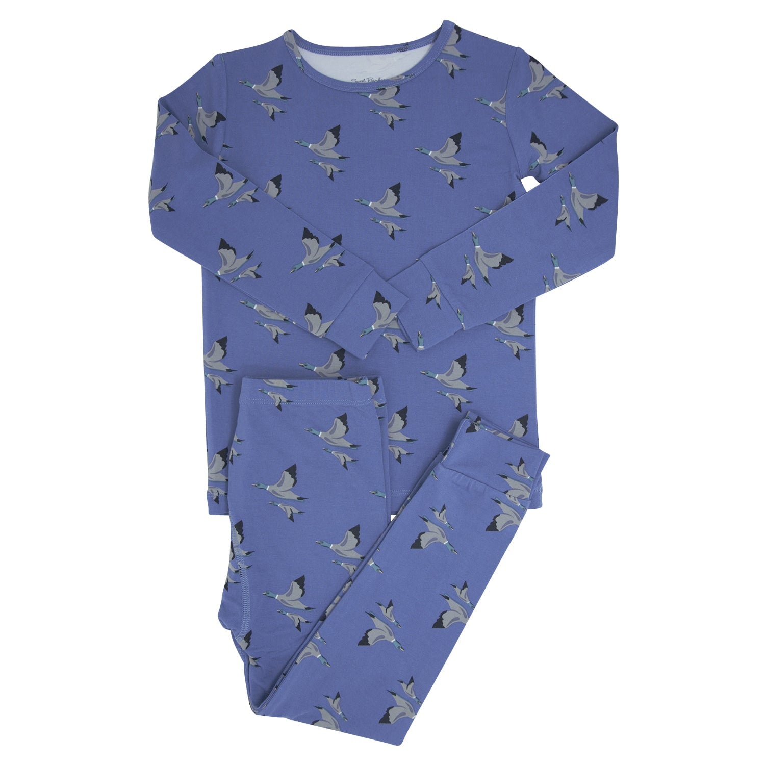 Blue bird-print long-sleeve pajama set for kids, crew neck top and pants