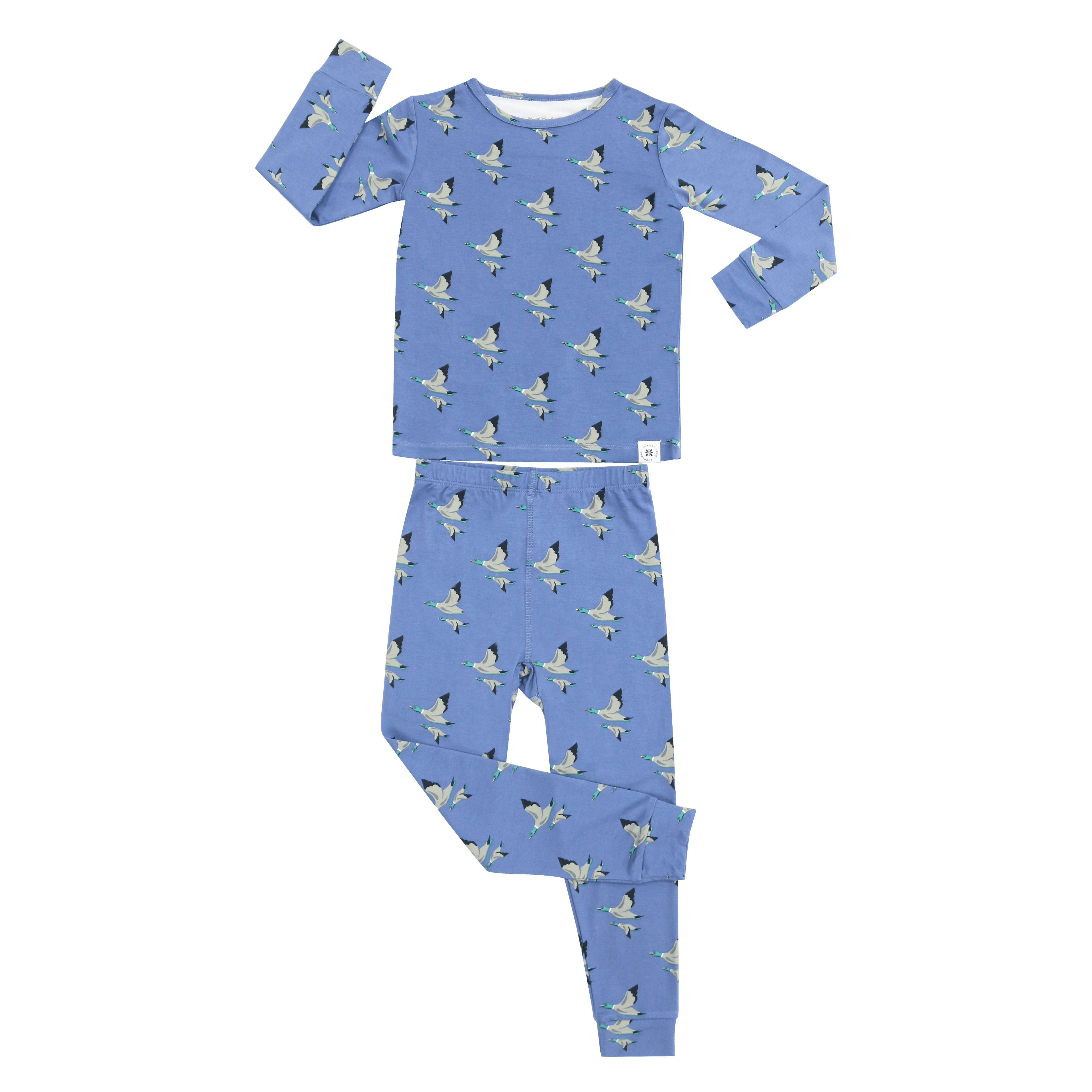 Blue bird-print kids pajama set with long-sleeve top and matching pants