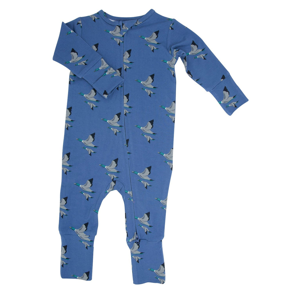 Blue printed convertible romper with long sleeves and snaps, allover bird pattern