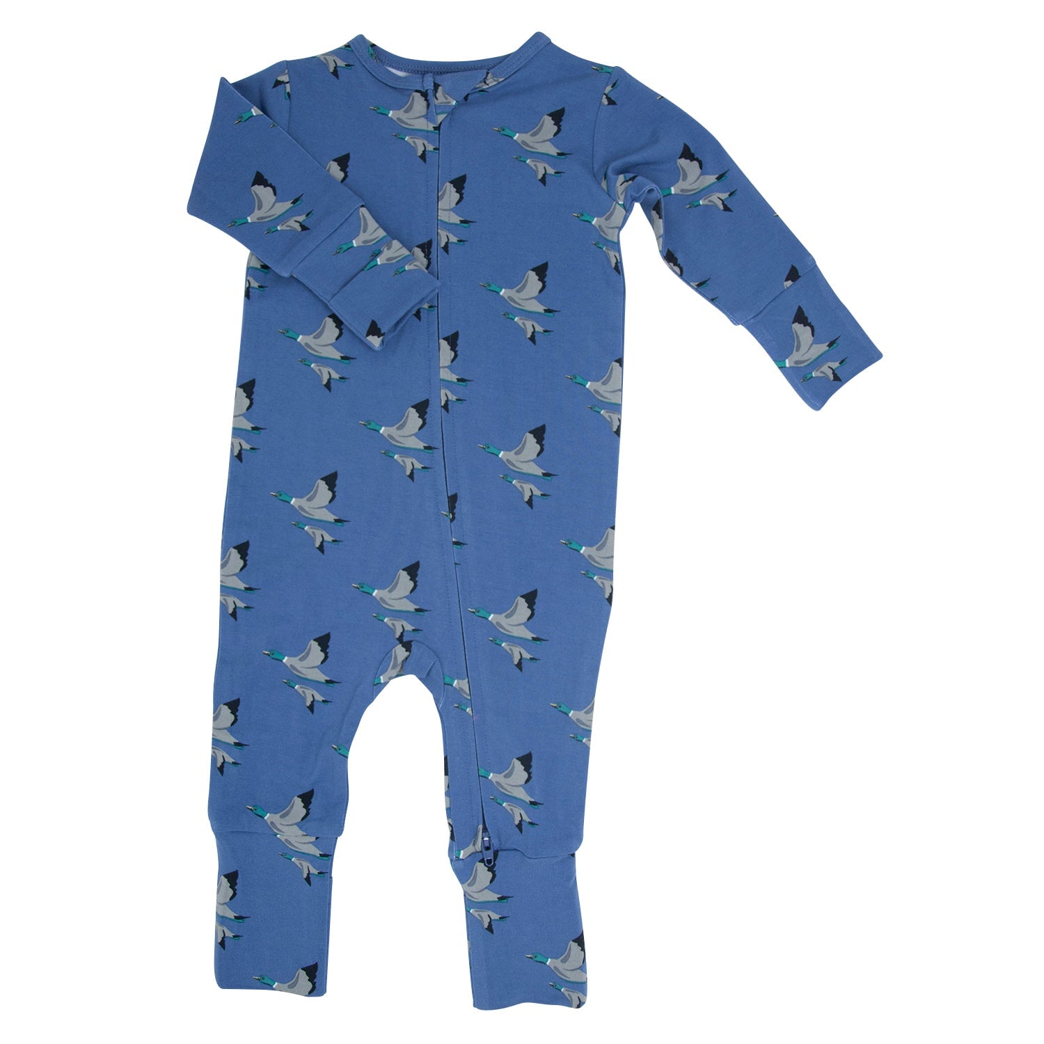 Blue printed convertible romper with long sleeves and snaps, allover bird pattern