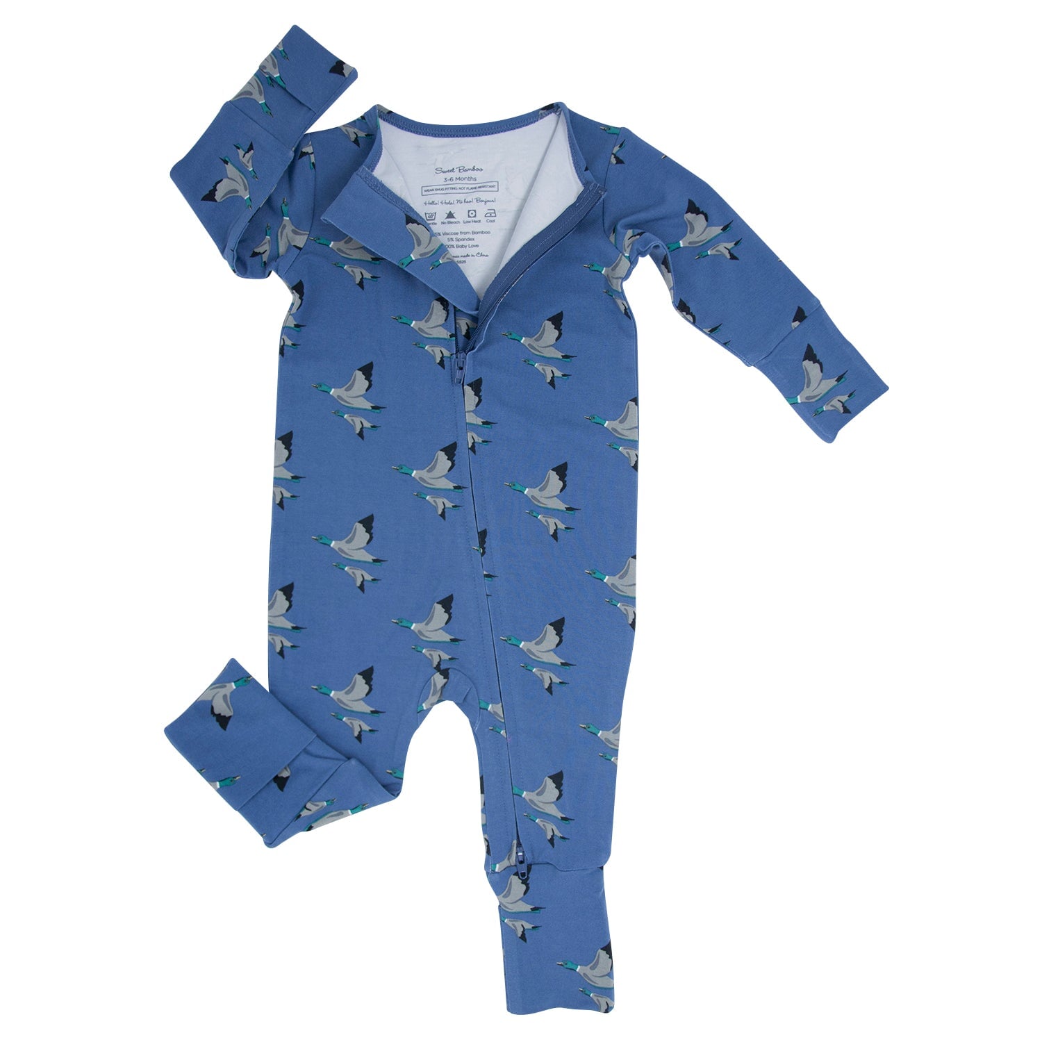 Blue bird-print convertible romper with front buttons and long sleeves