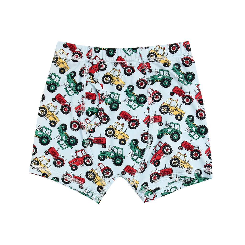 Boys' boxer briefs in white with colorful tractor pattern
