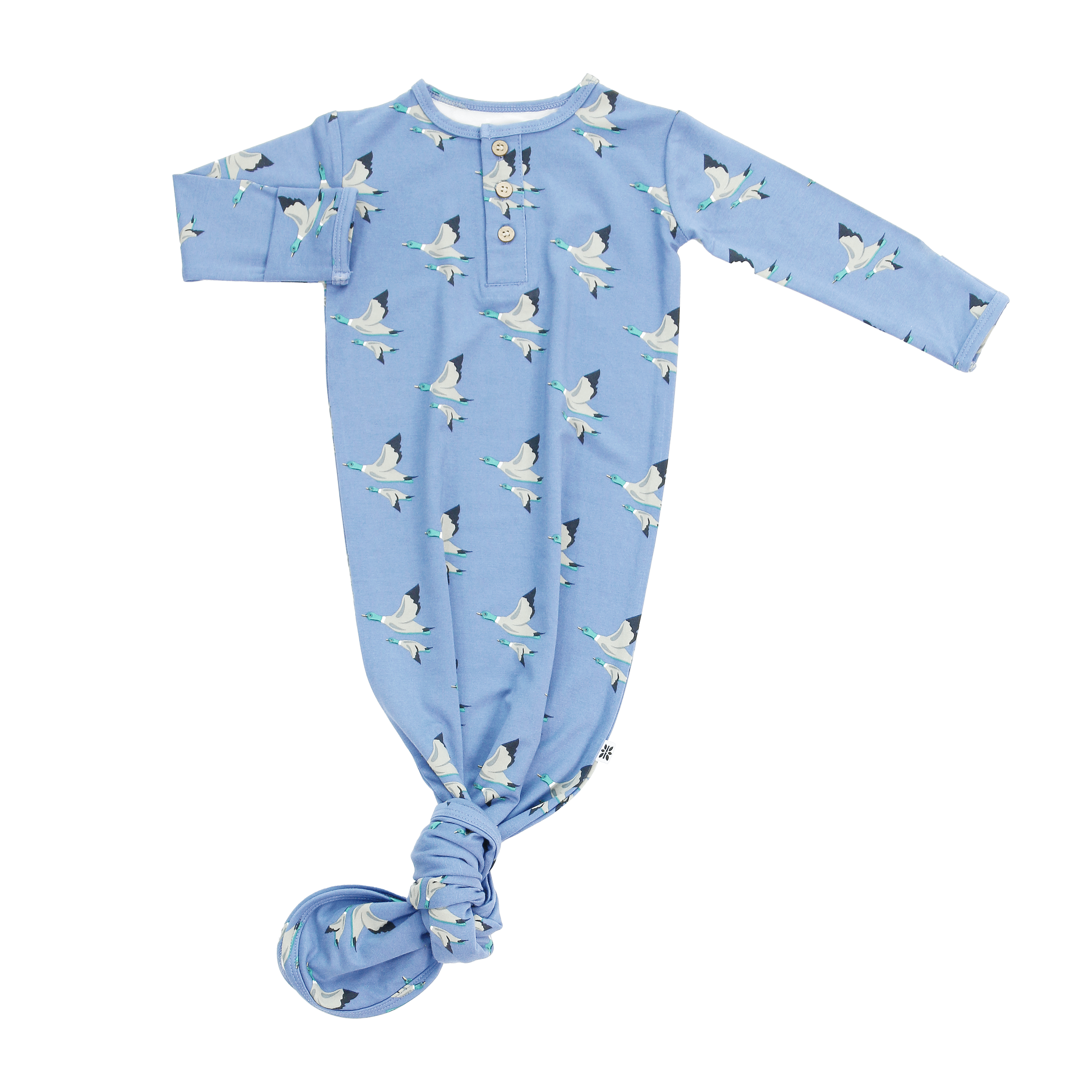 Blue knotted baby gown with long sleeves, henley buttons, and bird pattern
