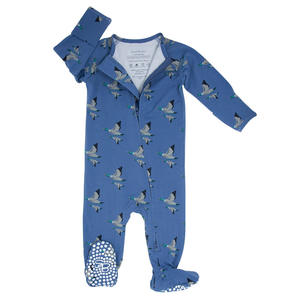 Blue bird-print zip-front baby footie with long sleeves and footed legs