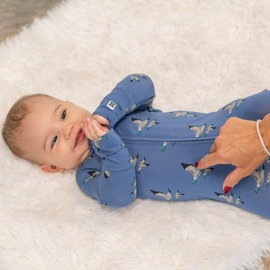 Blue bird-print zip-front footie with long sleeves and foldover cuffs
