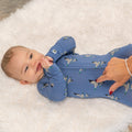 Blue bird-print zip-front footie with long sleeves and foldover cuffs